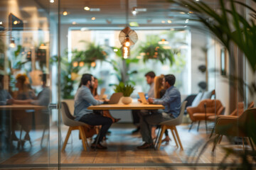 Modern Office Space with Employees in a Team Meeting Through Glass Walls