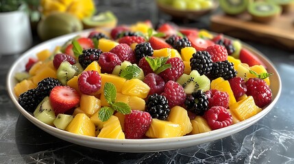 A symphony of colors and textures come together in a vibrant bowl of fresh fruit salad, each bite...