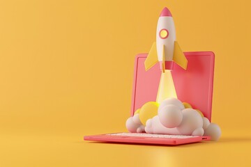 Rocket emerging from the screen of an open laptop, concept of startup, innovation, technology.