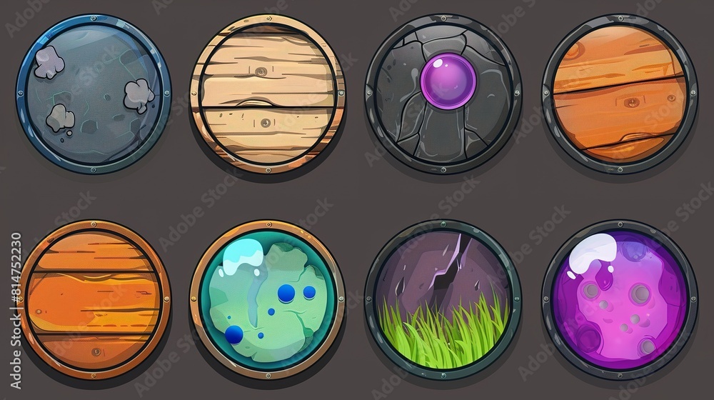 Poster collection of eight textured surfaces illustrated in round frames for game design and scenery