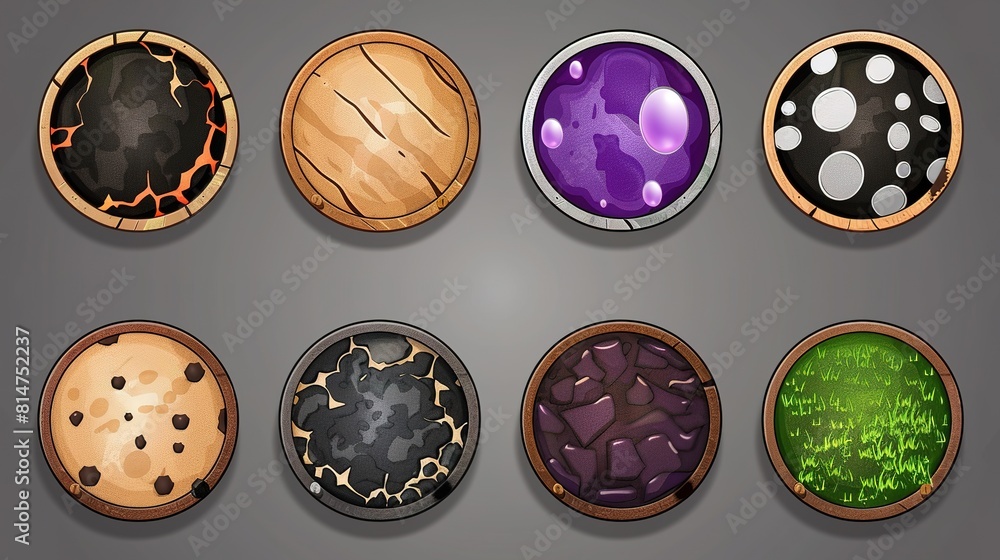 Poster collection of eight textured surfaces illustrated in round frames for game design and scenery