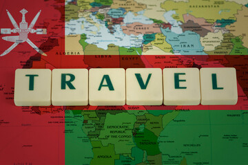 Oman flag with travel text, travel abroad concept, new destination and journey, vacation in Oman 