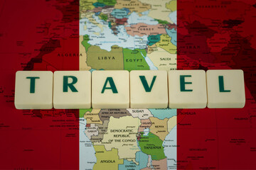 Naklejka premium Peru flag with travel text, world map, travel abroad concept, vacation in Peru idea, tourism and 