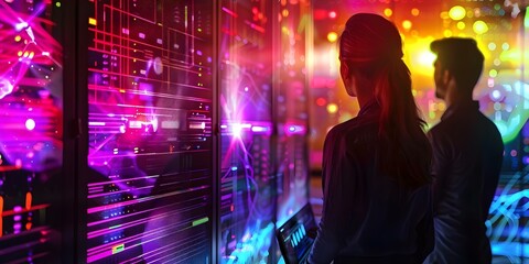 Two individuals collaborating at a computer workstation in a data center. Concept Collaboration, Data Center, Technology, Teamwork, Workstation