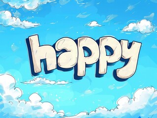 Drawing of the word happy written in the sky with clouds, concept of happiness and joy.