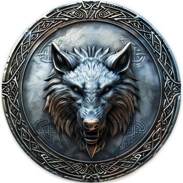 Silver round emblem with a wolf head, logo, fantasy.