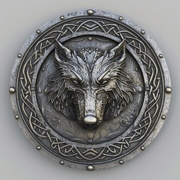 Silver round emblem with a wolf head, logo, fantasy.