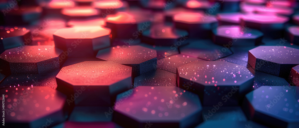 Poster detailed hexagonal pattern with glowing edges and bokeh effect.