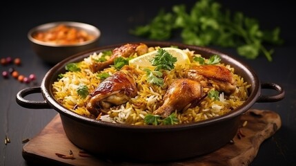 Fototapeta premium Chicken biryani is a popular dish made with basmati rice, tender chicken, and exotic spices.
