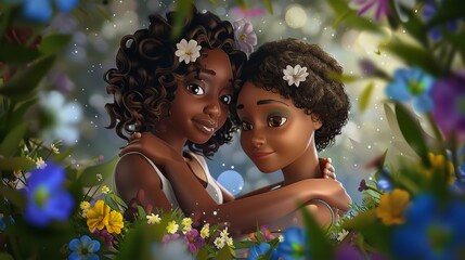 Cartoon Character with African American Mom and Child

