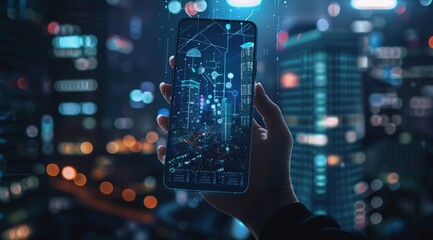 Fototapeta premium Hand holding a smartphone with digital cityscape on the screen, concept of technology, artificial intelligence.