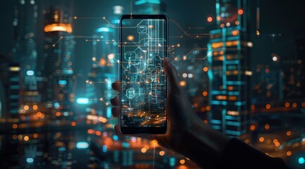 Hand holding a smartphone with digital cityscape on the screen, concept of technology, artificial intelligence.