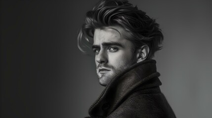Fototapeta premium Monochrome portrait of a stylish young man with a deep gaze and modern hairstyle