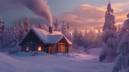 Cozy winter cabin at twilight, smoke rising from chimney in snowy landscape