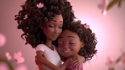 Cartoon Character with African American Mom and Child

