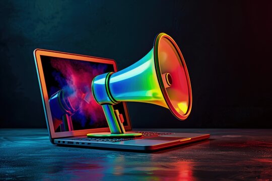 Colorful megaphone coming out of a laptop screen, marketing, online advertising, advertisement.