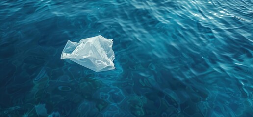 White plastic bag floating in the sea, environmental destruction, pollution.
