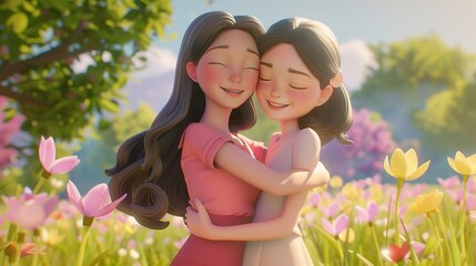 Cartoon Character with Mom and Daughter Embracing

