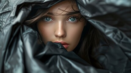 Mysterious woman shrouded in a dark cloak with intense blue eyes peering out
