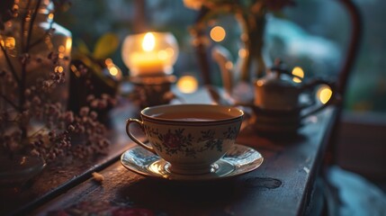 Fototapeta premium Cup of tea on a wooden table in a cozy room