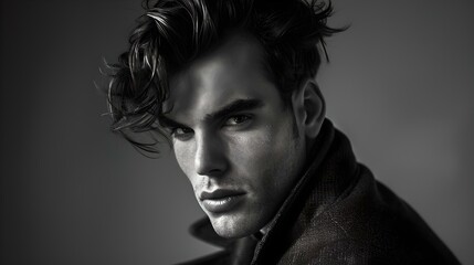 Fototapeta premium Stylish young man with modern hairstyle in monochrome portrait