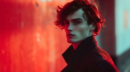 Stylish young man in black overcoat posing against a red backlit background