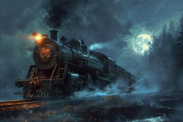 Black steam train with smoke and lights, full moon in the background, fantasy, fiction.