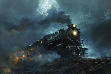 Black steam train with smoke and lights, full moon in the background, fantasy, fiction.