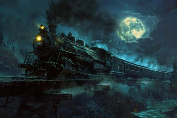 Black steam train with smoke and lights, full moon in the background, fantasy, fiction.