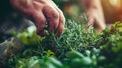 Fototapeta premium Gardener tending to fresh herbs in sunlit garden, careful hands cultivating plants