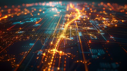 Fototapeta premium Futuristic circuit board cityscape with glowing data lines and connectivity