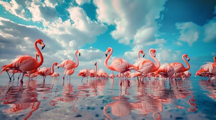 Serene flock of flamingos under a blue sky with fluffy clouds - wildlife elegance