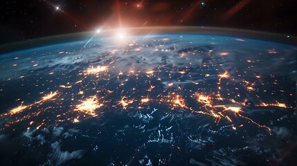 Global network lights up the earth's surface as seen from space at sunrise