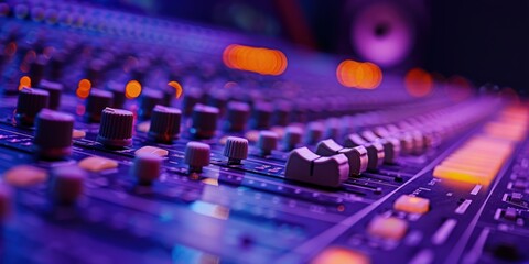 Soundboard with horizontal and vertical buttons, blurred background with purple tones, music concept, music production studio.