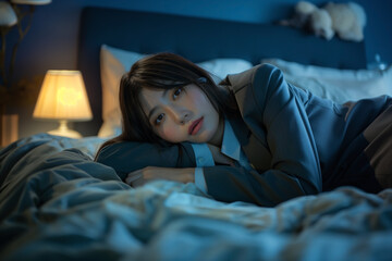 Fototapeta premium Within the Night's Grasp: Japanese salarywoman, elegantly attired in a sharp suit and with her makeup still pristine, struggles with the grip of insomnia 
