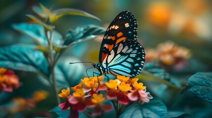 Colorful butterfly perched on vibrant flowers in serene garden scene