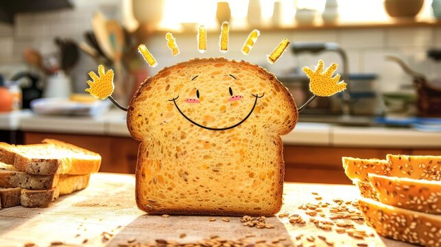 Close-up of smiling bread, inspired by the burnt toast theory, with positive thinking and lighthearted elements, everything is good