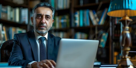 Fototapeta premium CEO in a Suit Working on Laptop at Desk in Office. Concept Business Attire, Professional Workspace, Leadership Skills, Corporate Environment, Technology in the Workplace