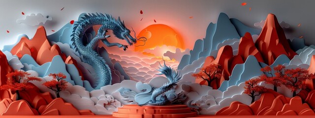 Majestic blue dragon perched on a podium in a stylized mountainous landscape at sunset