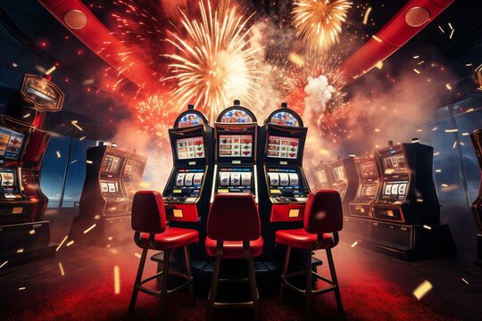 Vibrant casino scene with slot machines lit up and fireworks bursting in celebration overhead