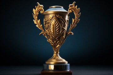 Elegant golden trophy cup with intricate details showcased against a dark blue backdrop