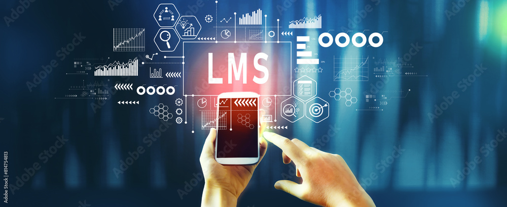 Poster lms - learning management system with person using a smartphone