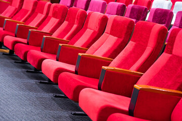 Fototapeta premium Comfortable Empty Red Seats In Movie Theaters, Banquet Hall Auditoriums