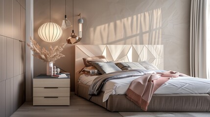 A bedroom with a modern, geometric headboard, a stylish bedside table, and a chic, pendant light