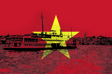 Vietnam flag with Istanbul city, Turkish culture and language, holiday destination, Bosphorus view
