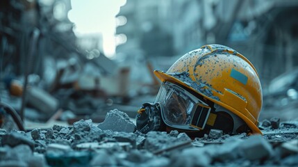 Safety helmet and goggles on ground with construction debris.