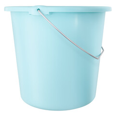 Bucket in plastic light blue isolated on white background with clipping path. Household object for cleaning. Useful item for online shopping commerce banner