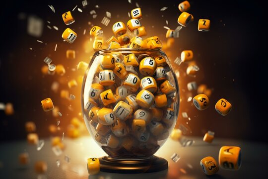 Dynamic image of a glass jar bursting with numbered lottery balls against a dark background