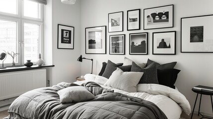 A chic bedroom with a gallery wall of black-and-white photography