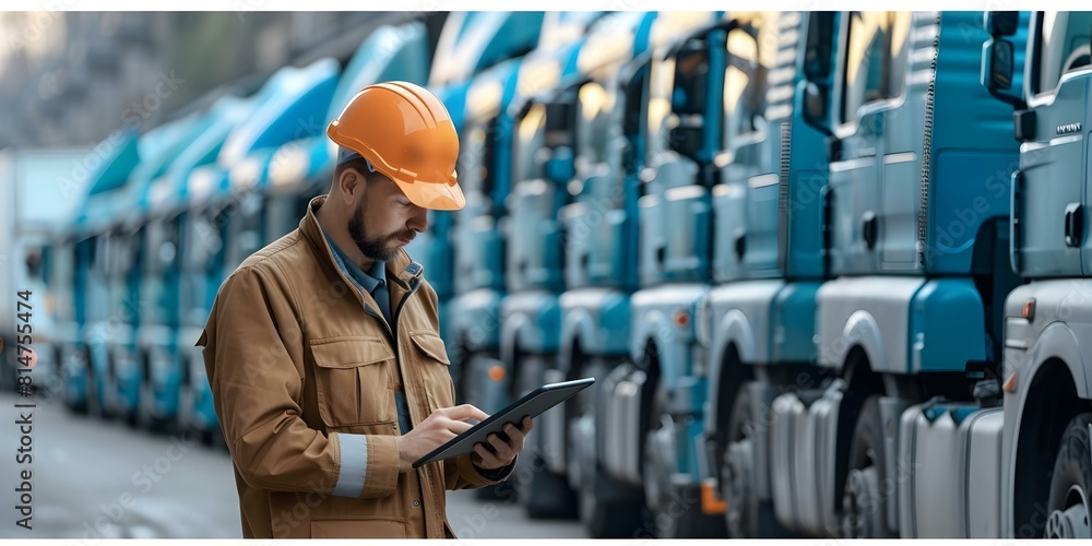 Poster supervising truck fleet movement using tablet for efficient logistics coordination. concept logistic